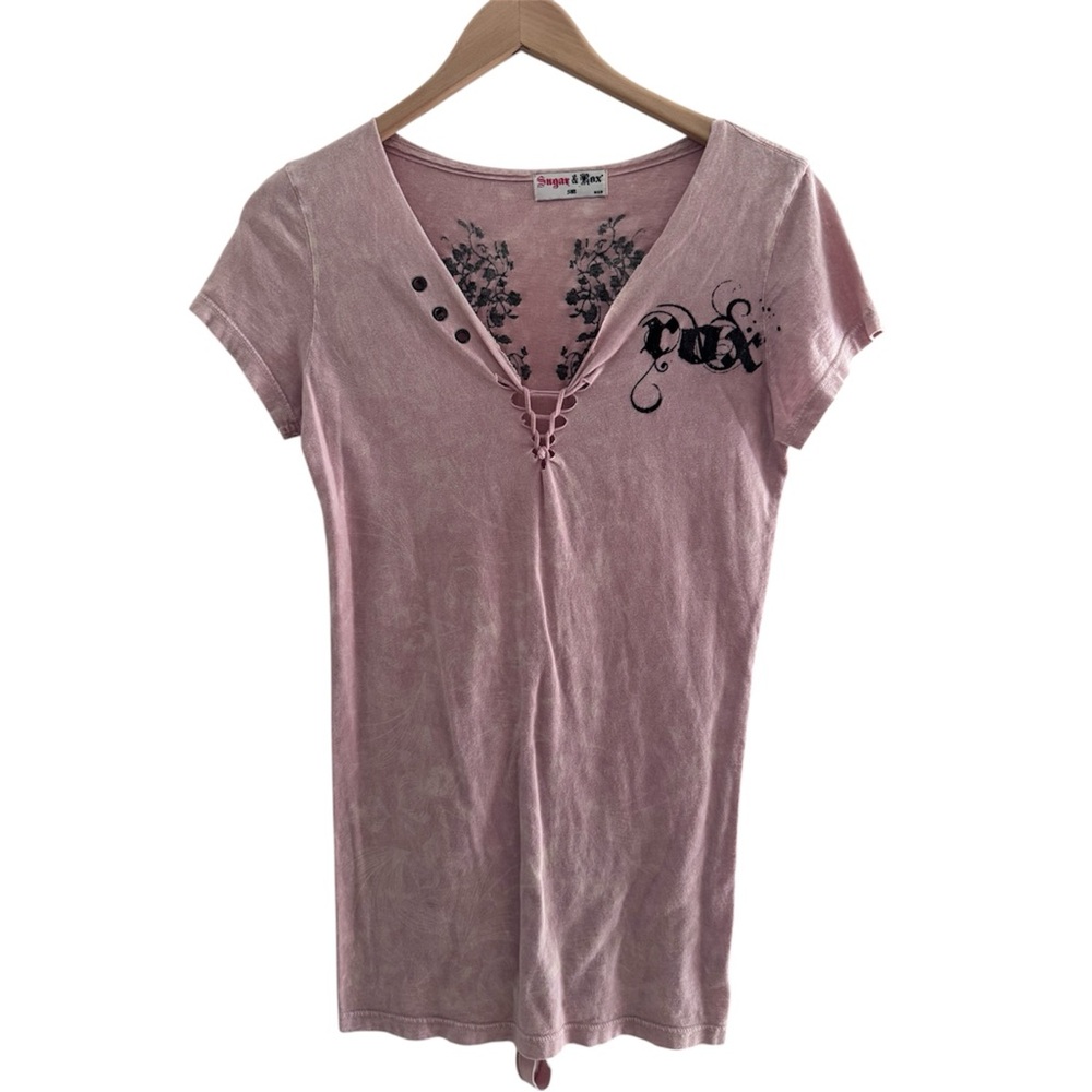 Sugar and Rox Pink Fitted Embellished Short Sleeve Tee - Small